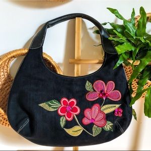 Black botanical print microfiber shoulder bag